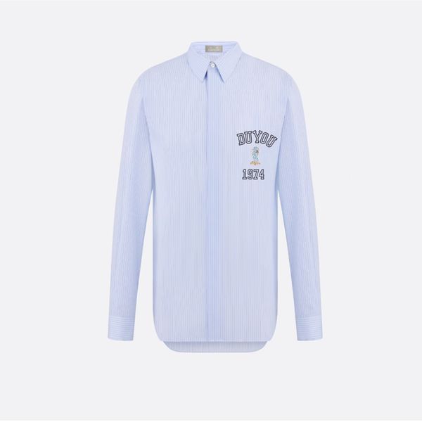 Duyou bordado cachorro azul listrado de algodão Popline masculina camisetas de manga comprida Men de manga longa Trabalho camisa casual da marca de paris roupas