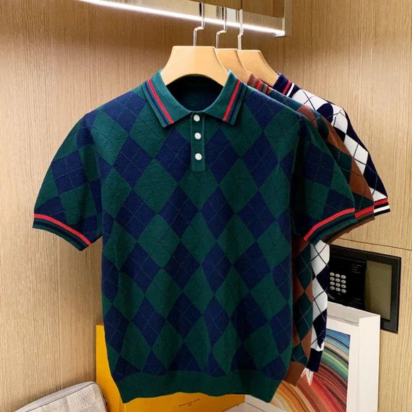 Frühlings Sommer Männer Kurzschlärm Polo -Hemd Männliche Plaidkontrast Farbe Schlankes Fitnetzstoff Ventilat Golf 2024 W49 240509