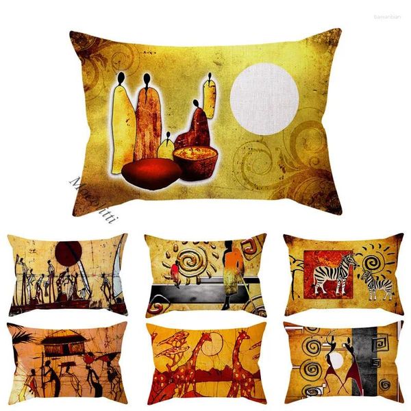 Travesseiro África pintura a óleo Arte Tradicional Tribal Vintage Cultura Prind Case de linho de linho de algodão Capa de cadeira 30x50cm