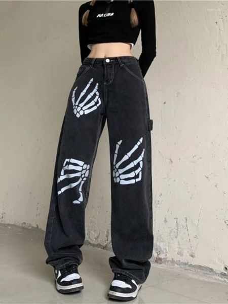 Jeans femininos Houzhou gótico punk mulheres harajuku emo preto streetwear moda hop estilo jeans calças folgadas calças grunge moda