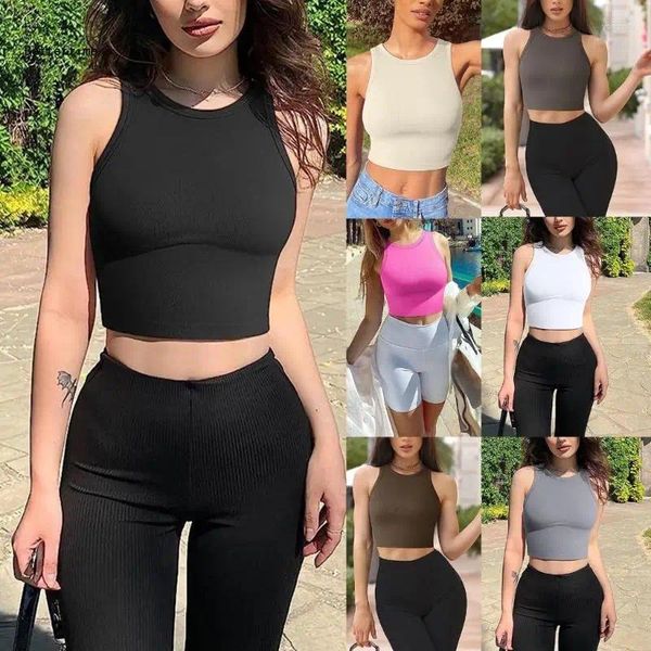 Tanques femininos B36D Mulheres Summer Summer Mleesess Bodycon Crop Crop Top Basic Solid Color Racbed Workout Fisorless Racerback Vest T-Shirt