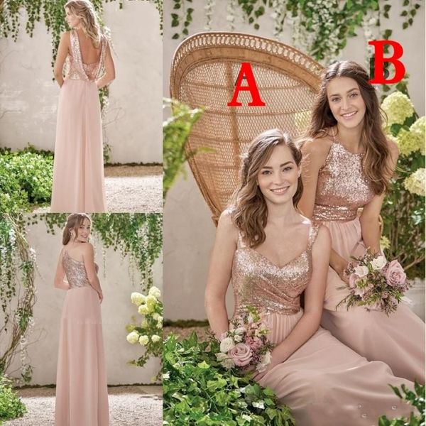 2020 Sexy Roségold Pailletten Brautjungfernkleider Langes Chiffon Halfter eine Linie Träger Rüschen Rouge Pink Mad of Honor Hochzeit Gast Dressing 312z