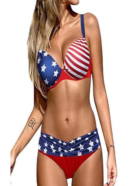 Artı Boyut 3XL Amerikan Bayrak Baskı Bikini Set Kadınlar Strappy Pushup Bra Brawire Mayo Kadın Seksi M (