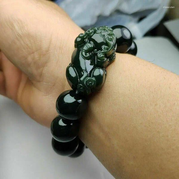 Dekorative Figuren zertifiziert echtes natürliches dunkelgrünes Hetian Jade Bead Pixiu Armreif Armband