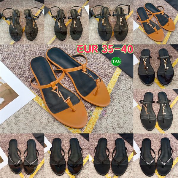 Luxus ys rutschen Frauen Designer Pantoffeln flache Sandalen Schwarzes Patent geprägter brauner Sommerstrand Slipper Joni Strass Slide Cassandra Kalb Haut Tanga Sl Sandale