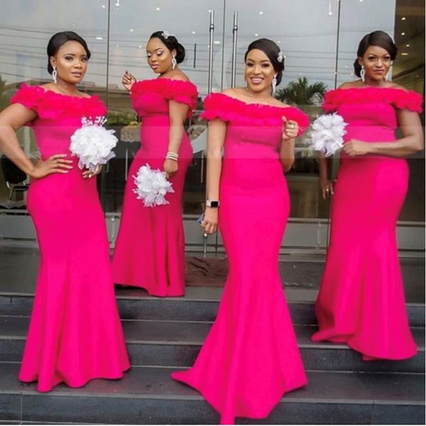 Ярко -розовая атласная русалка платья подружки невесты с оборками от плеча Африканские женщины Длинные свадебные платья для вечеринки vestidos dama de 287s
