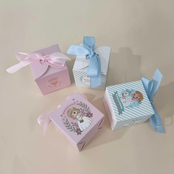 Hediye Sargısı Mi Primera Comunion Party Favor Mini Square Candy Box Pembe Mavi 20/50/100 PCS İspanyol Çocuk Yıldönümü Etkinlikleri Dekor