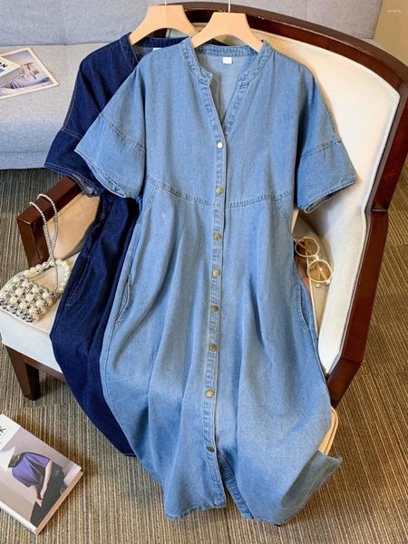 Vestidos de festa French Women Women Denim Dress Summer Summer solto de manga curta camisas de lazer de lazer de lazer