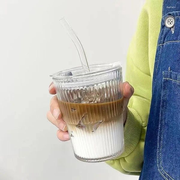 Wasserflaschen 400 ml INS -Streifenglas Tasse mit Deckel und Stroh transparent Trinkgläser Eiskaffeetassen Saft Teebecher Getränkeware