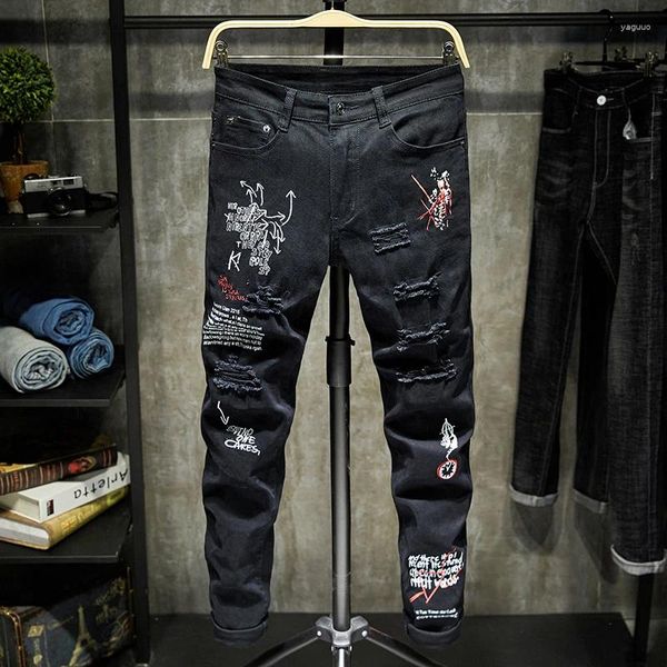 Jeans masculinos personalizados impressos moda e magro skinny stret street bordado de ponta de moto de última geração