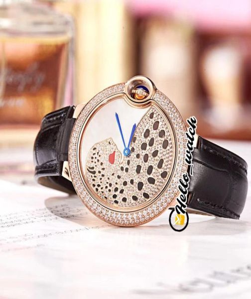 Fashion Ladies Uhren 36mm Conch 3D Leopard Dial Swiss Quarz Womens Watch Sapphire Roségold Stahl Diamant Lünette Lederhalle H8249072