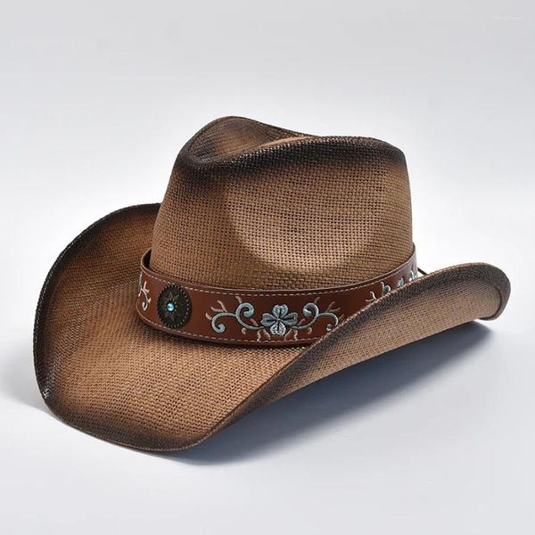 Berets Stroh Cowboyhüte für Männer und Frauen Vintage Curled Edge Western Beach Sun Shield Hut Panama Cowgirl Jazz