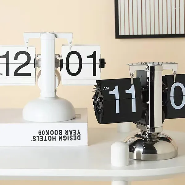 Tischuhrs Vintage Flipping Uhr mit Seite Automatisch Home Desktop Dekoration Wohnzimmer Büro 12 24 Stunden