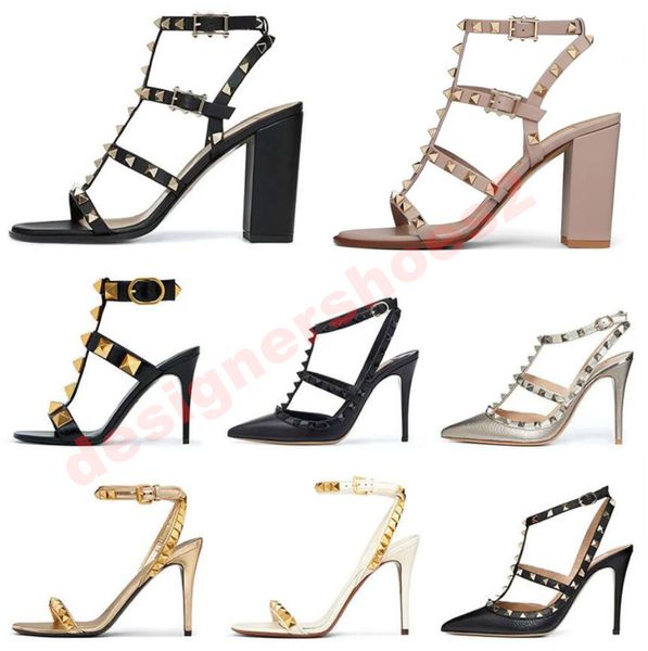 Designer High Heel VT Sandal Dress Scarpe Caviera Stule Roman Roman Rivets Rivets Womens Stiletto Blocco Sandalo Sandalo Destinazione Destina