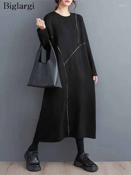Abiti casual oversize autunno abito lungo da donna stampare la manica nera con manica a pieghe di pieghe alla moda 2024