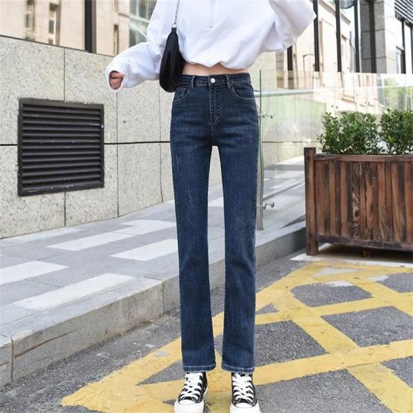 Frauen Jeans Frauen Herbst und Winter dunkelblau, gerade schlanke hohe Taille super lang