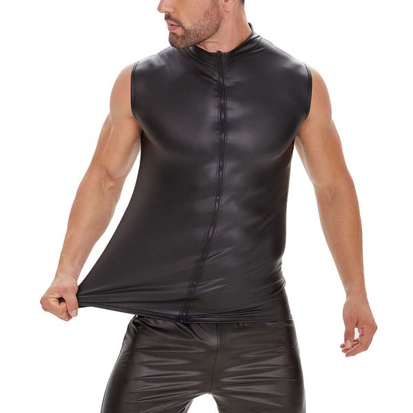 S-7xl Plus Size Elastic Matte Leather Tops Mens Mens Zipper up Сексуальные воротнички рубашки, костюмы костюмы для формирования жилета моды