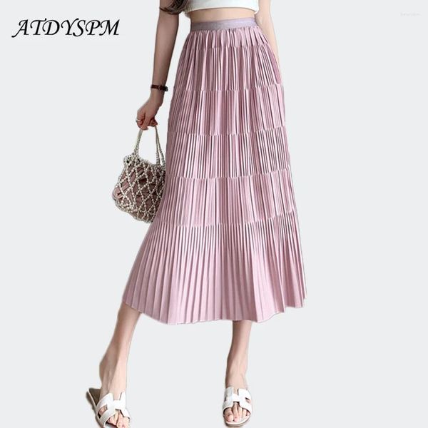 Saias 2024 Primavera Salia Midi Long Pleated para mulheres coreanas Solid Solid All Match Uma linha High Casual Casual Sweet Femme