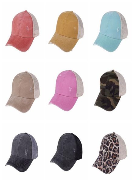 At kuyruğu şapkaları Snapbacks 9 renk yıkanmış örgü leopar camo içi boş dağınık topuz beyzbol şapkası kamyoncu şapkası cyz31533332042