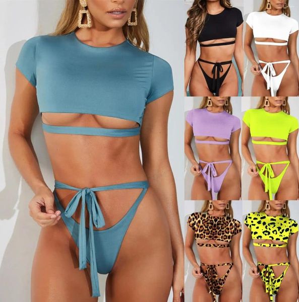 Menas de banho feminina Hollow Out Bandage 7 Cores Tops camisetas curtas Cordeira Bquinis Micro Bikini Tankini Swims Swim Systems Bathing