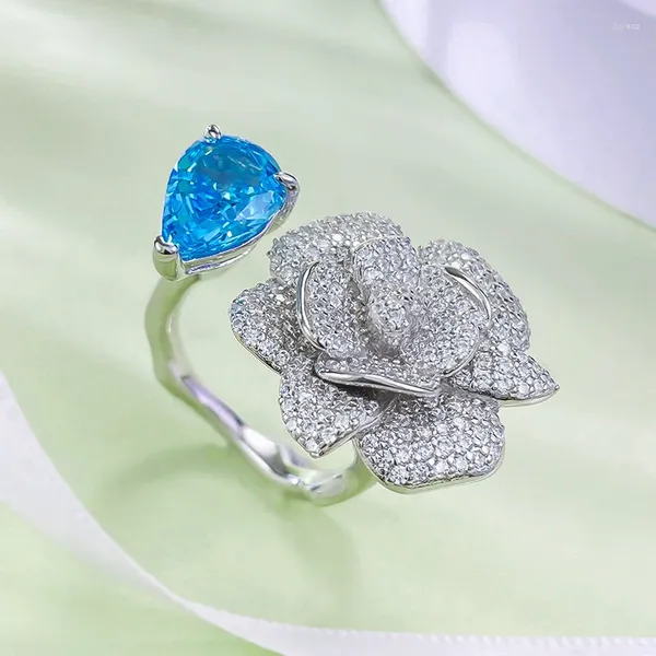 Ringos de cluster Spring Camellia Ring 925 Silver Inclaid 7 10 Flor azul marinha cortada pequena e elegante versátil simples
