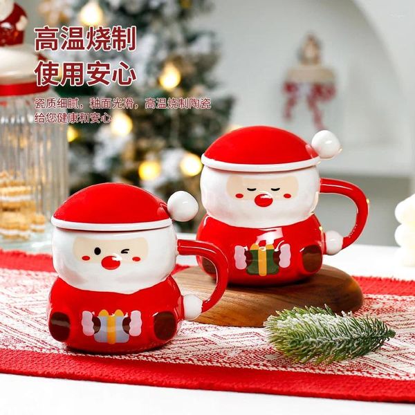 Canecas desenho animado criativo Santa Claus Cup de cerâmica Red Água adorável com colher de tampa Marca de presente de mão