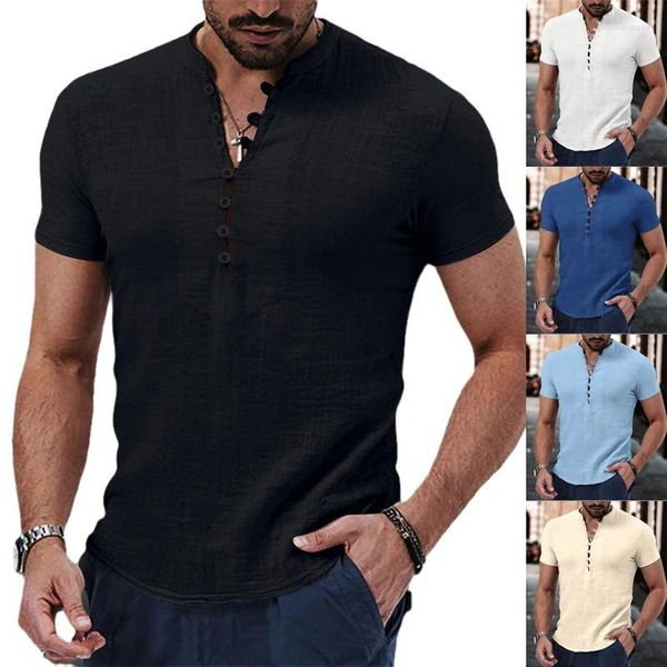 Мужские рубашки с твердым цветом хлопок льняной блузки с коротким рукавом с коротки