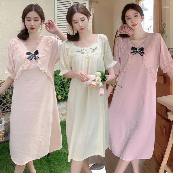 Frauen Nachteile sexy Spitze V-Ausschnitt Kurzarm Baumwolle lange Kleid Nachthemen für Frauen Sommer Koreanisch süße Nacht Nachthemd Nighty