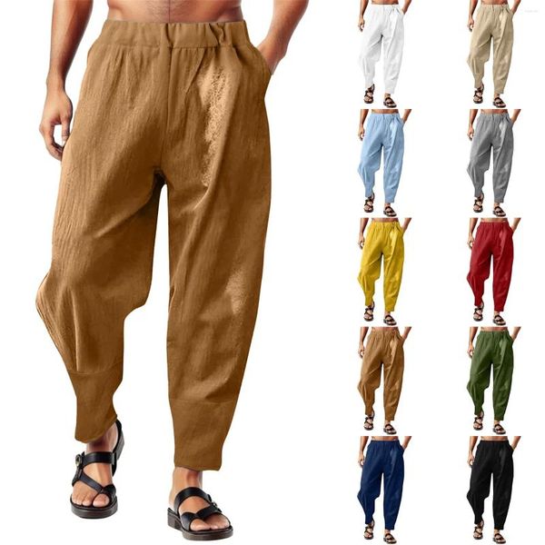 Herrenhosen Männlich männliche tägliche lange lässige Baumwollwäsche Feste Farben Harem Taschen Elastische Taille Hawaiianische Strandkleidung Hosen