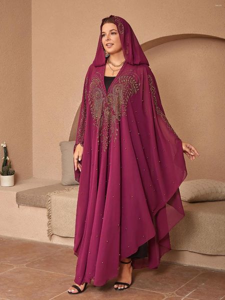 Ethnische Kleidung Chiffon Perlen Offenes muslimisches Kapuzenkleid Kaftan Wunderschöne Party Dubai Abaya Türkei Gebetsgewand