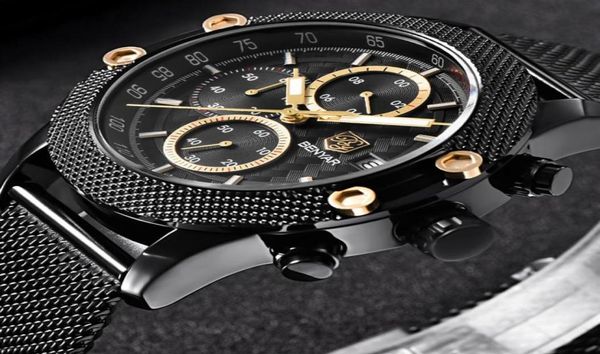 Benyar Sport Chronograph Moda Watches Men Mesh Rubber Bando Property Luxury Brand Quartz Assista Gold Saat Drop296H6383626