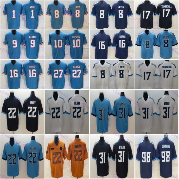 Cheap DeAndre Hopkins 10 Jersey de futebol Jeffery Simmons 98 Treylon Burks 16 Steve McNair 9 Eddie George 27 Warren Moon Navy White Stitched