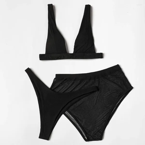 Costumi da bagno femminile ztvitalità a costole nera a tre pezzi bikini 2024 costume da bagno ad alto taglio imbottito femminile beach beach biquini brasiliano