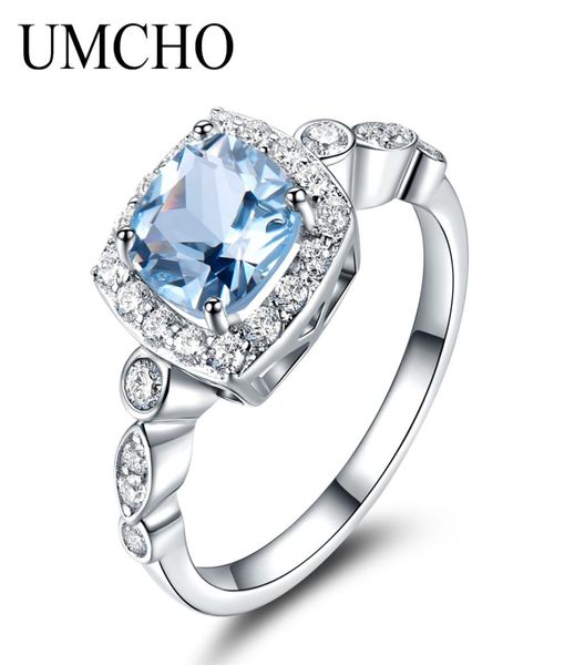 Umcho Real S925 Sterling Silberringe für Frauen Blue Topaz Ring Edelstein Aquamarine Kissen Romantische Geschenkvergütung Schmuck C19021717232