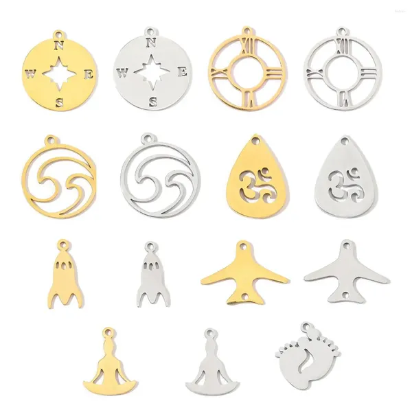 Charms 20pcs/lote atacado 316l aço inoxidável ioga om pés foguete Diy Aeronave Compass Watch Wave Pingents para fabricação de jóias