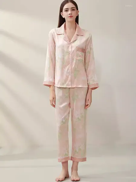 Abbigliamento da casa con stampa a fiori lunghi pajamas in seta satinata abito da abbigliamento del pigiama rosa set per donne lussuoso natura abbigliamento da sonno