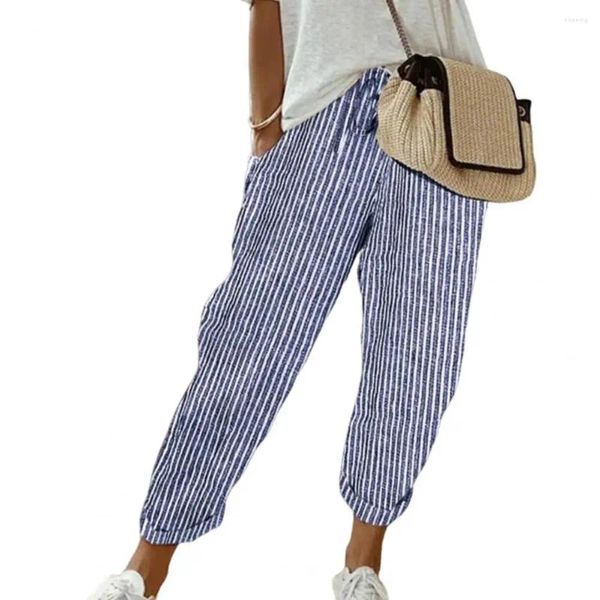 Calça feminina feminina harém de cintura elástica elegante com bolsos de calça listrada vertical listrada longa para desgaste da praia do escritório