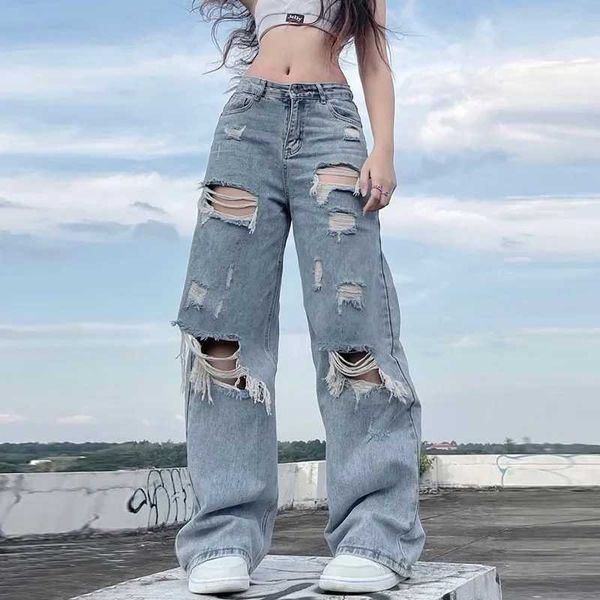 Jeans femininos Sexy Mulher Ripped Mulher Vintage FA Denim Troushers Mid Caist Logo G Wide G Pants y2k verão plus size strt jean h240508