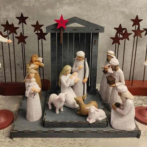 Figurine decorative 10pcs Natività Statue Set di Manger Painted Christmas Gesù Ornamento Christianità Classic Decorazione per la casa classica