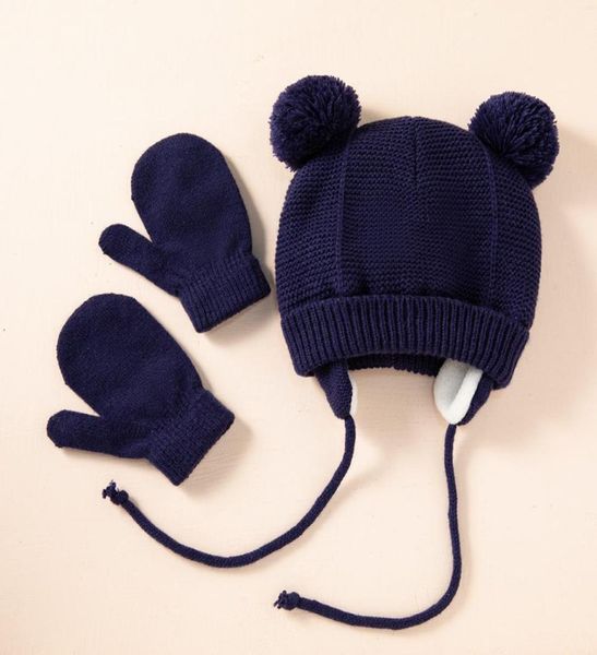 14 anni bambini a maglia da pompaccio a maglia cappello da cappello da cappello spessa ragazza calda e orecchio invernale per bambini caldi set di guanti da bambino bonnet7412828