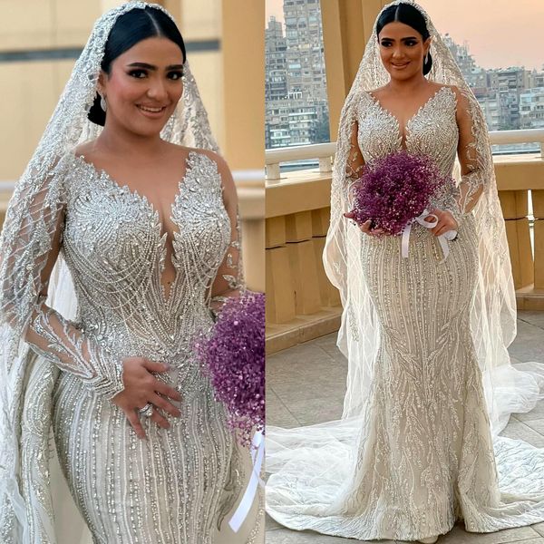 2024 Арабский асо -эби плюс размер арабский русалка Свадебные платья из бисера кристаллы блестящие свадебные платья J222