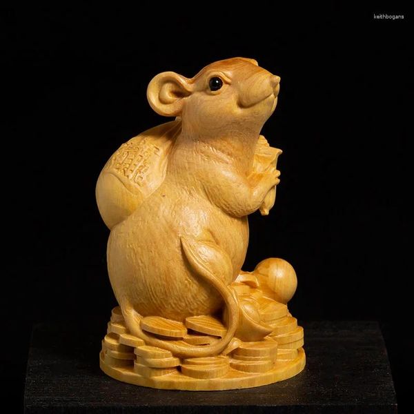 Dekorative Figuren Boxholz Statue Reiche Zodiac Lucky Feng Shui Wohnzimmer Holzschnitzerei Handwerk Gold Maus Tiere Skulptur Wohnkultur