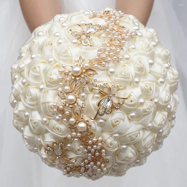 Flores decorativas Yan Ivory Cetin Rose Flower Bouquets com Crystal Fake Pearl para Bridal Bridal Holding Bouquet