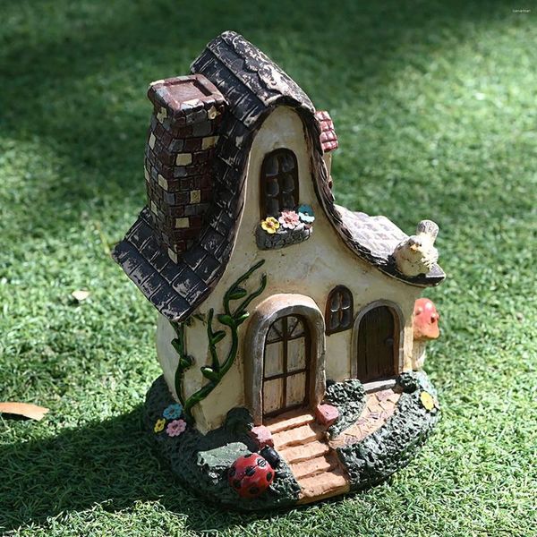 Estatuetas decorativas místicas gnome fada house estatueta impermeável jardim miniature villa resina cria ornamentos coloridos de varanda