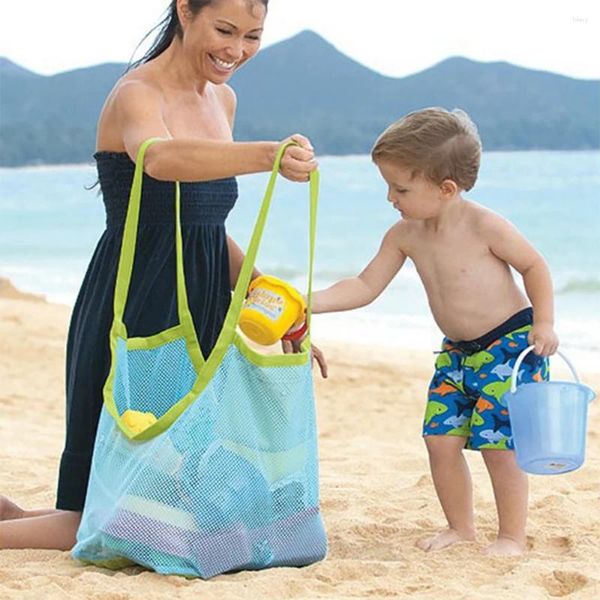 Borse da stoccaggio Mesh Borsa pieghevole nuoto Organizzatore di spiaggia portatile Sundries per bambini giocattolo di sabbia/strumento/vestiti/asciugamano/cosmetico/crema solare blu/verde