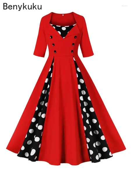 Parti Elbiseleri Kırmızı Polka Nokta Patchwork 50s Vintage Uzun Kadınlar Kare Boyun Yüksek Bel Yarım Kollu Sonbahar Salıncak Elbise Kadın Giysileri