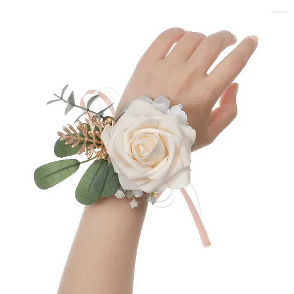 Dekorative Blumen Elfenbein Rosenhandgelenk Corsage Gurt Armband und Herrenanzug weiß Hochzeitszubehör Tanzdekoration