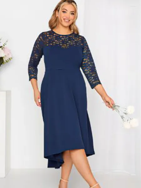 Partykleider Frauen elegantes Kleid halbe Ärmel Plus size dunkelblau Chiffon gegen Necktunika -Länge lässiger plissierter Abend