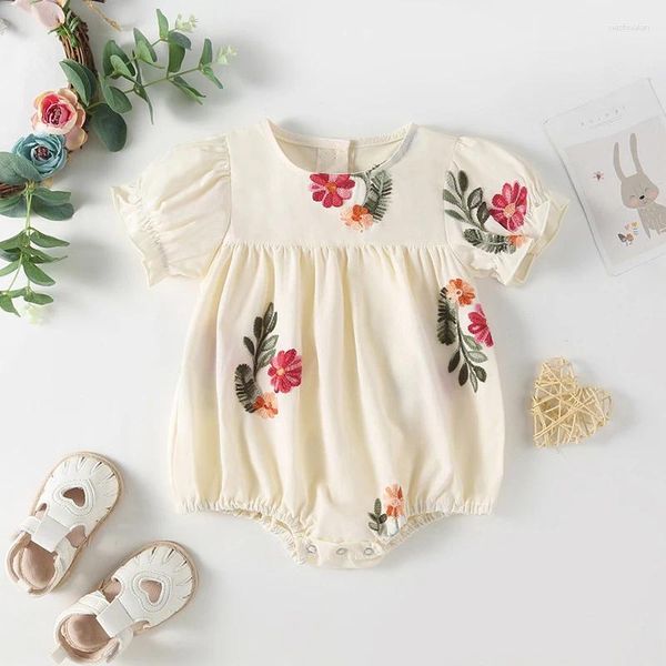 Vestidos de menina bebê floral princesa vestido de bordado curto, algodão para crianças de algodão, roupas ao ar livre