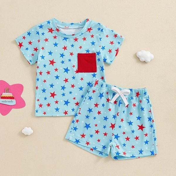 Kleidungssets 4. Juli Kleinkind Baby-Jungen Outfit rot und blau Kurzarm T-Shirt Shorts USA Kleidung